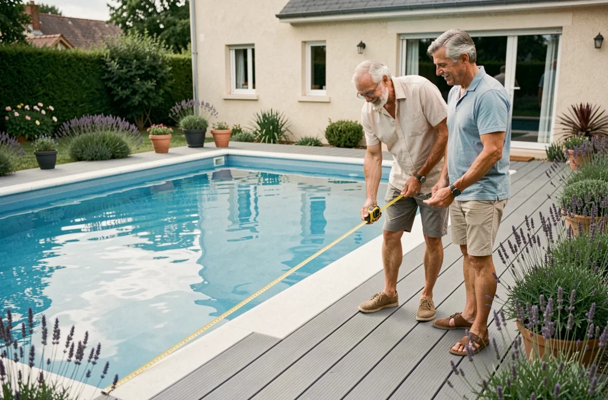 Couple mesurant la surface d'une piscine enterrée dans leur jardin pour vérifier le seuil fiscal