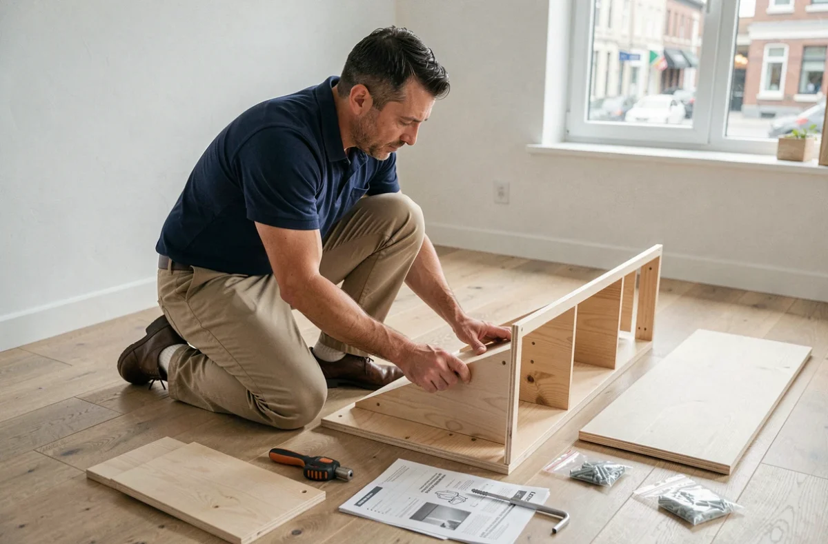 Homme assemblant un meuble en kit scandinave dans un appartement moderne, notice de montage au sol
