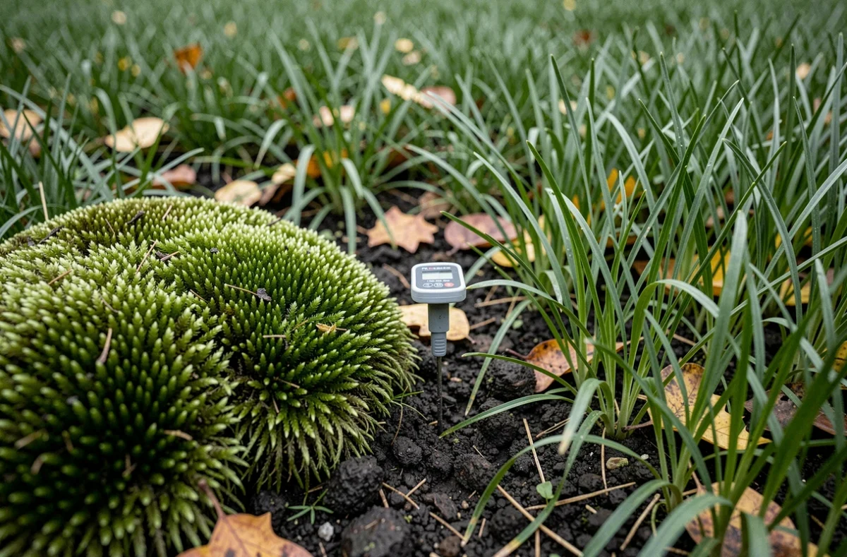 Vue rapprochée au ras du sol montrant la différence entre de la mousse et une pelouse saine avec un testeur de pH planté dans le sol