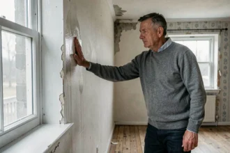 Propriétaire posant la main sur un mur humide et mal isolé avec condensation visible dans une maison sans isolation thermique