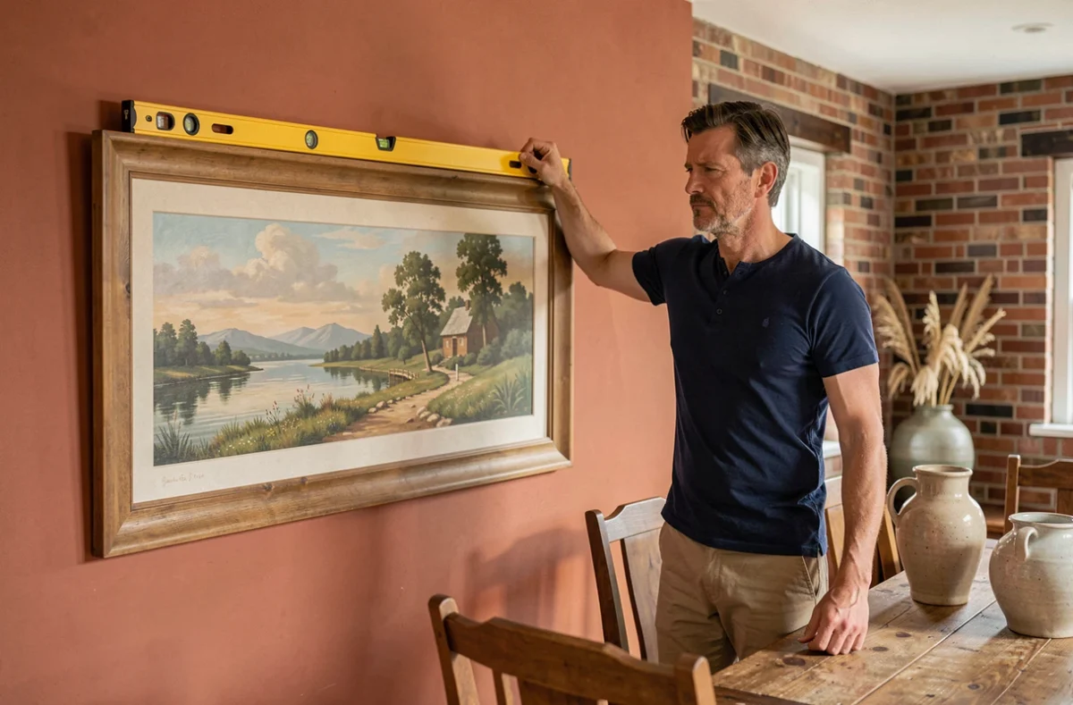 Homme utilisant un niveau à bulle pour centrer un tableau sur un mur terracotta dans une salle à manger rustique