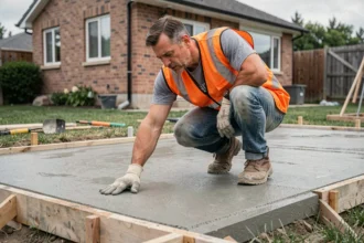 Ouvrier inspectant une dalle béton fraîchement coulée dans un jardin résidentiel