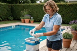 Femme ajoutant une pastille de chlore dans un distributeur flottant de piscine extérieure