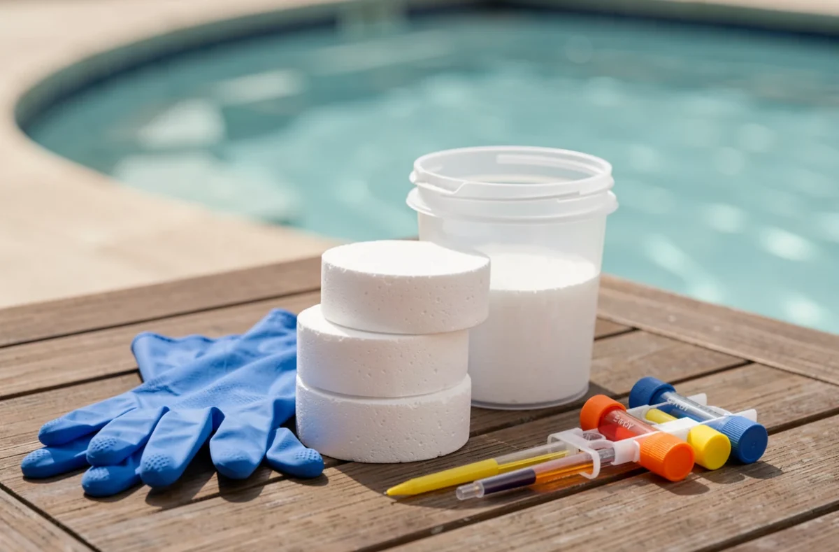 Pastilles de chlore pour piscine posées à côté d'un kit de test de l'eau sur une margelle en bois