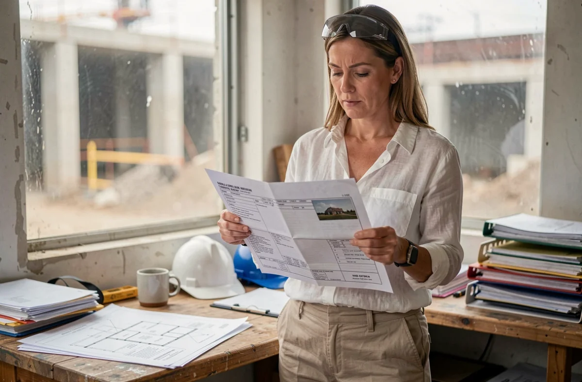 Femme consultant un permis de construire pour une dalle béton dans un bureau de chantier