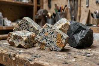 Pierres réfractaires naturelles en gros plan sur un établi en bois, incluant granite, basalte et quartzite aux textures minérales détaillées