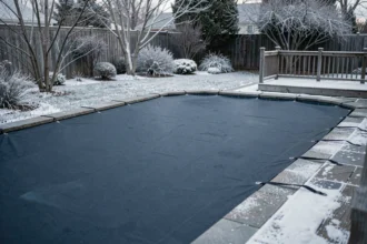 Piscine résidentielle entièrement couverte d'une bâche de sécurité bleu marine en hiver avec neige sur le jardin