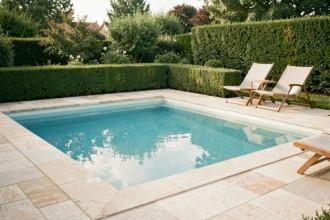 Piscine enterrée rectangulaire de petite surface dans un jardin pavillonnaire français entourée de dalles en pierre naturelle