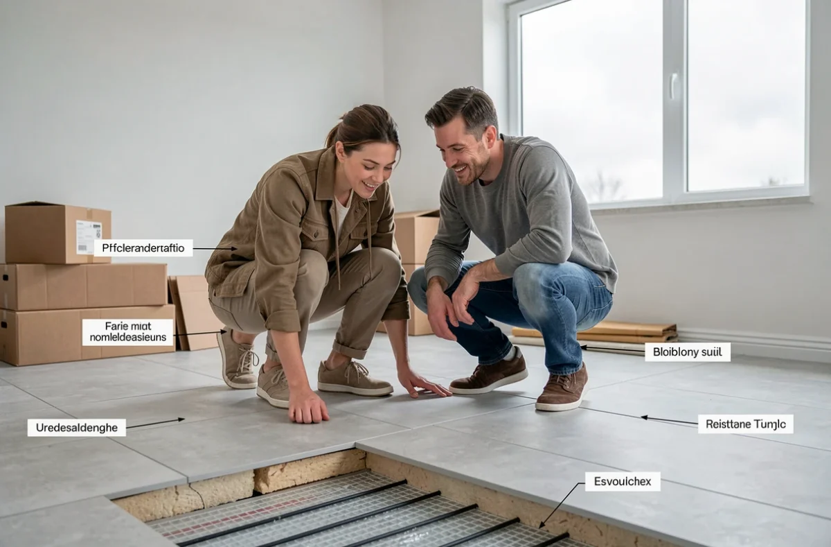 Couple découvrant un plancher chauffant électrique en cours d'installation dans une chambre de maison neuve