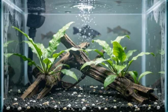 Plantes aquatiques vertes dans un aquarium d'eau douce avec bulles d'air et substrat de gravier sombre