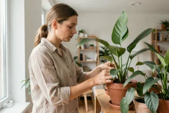 Femme entretenant des plantes d'intérieur purificatrices d'air dans un salon moderne aux tons naturels