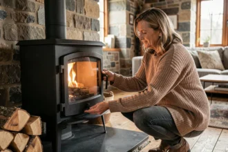 Femme ajustant un poêle à bois moderne dans un salon rustique avec murs en pierre et parquet, ambiance chaleureuse et économique