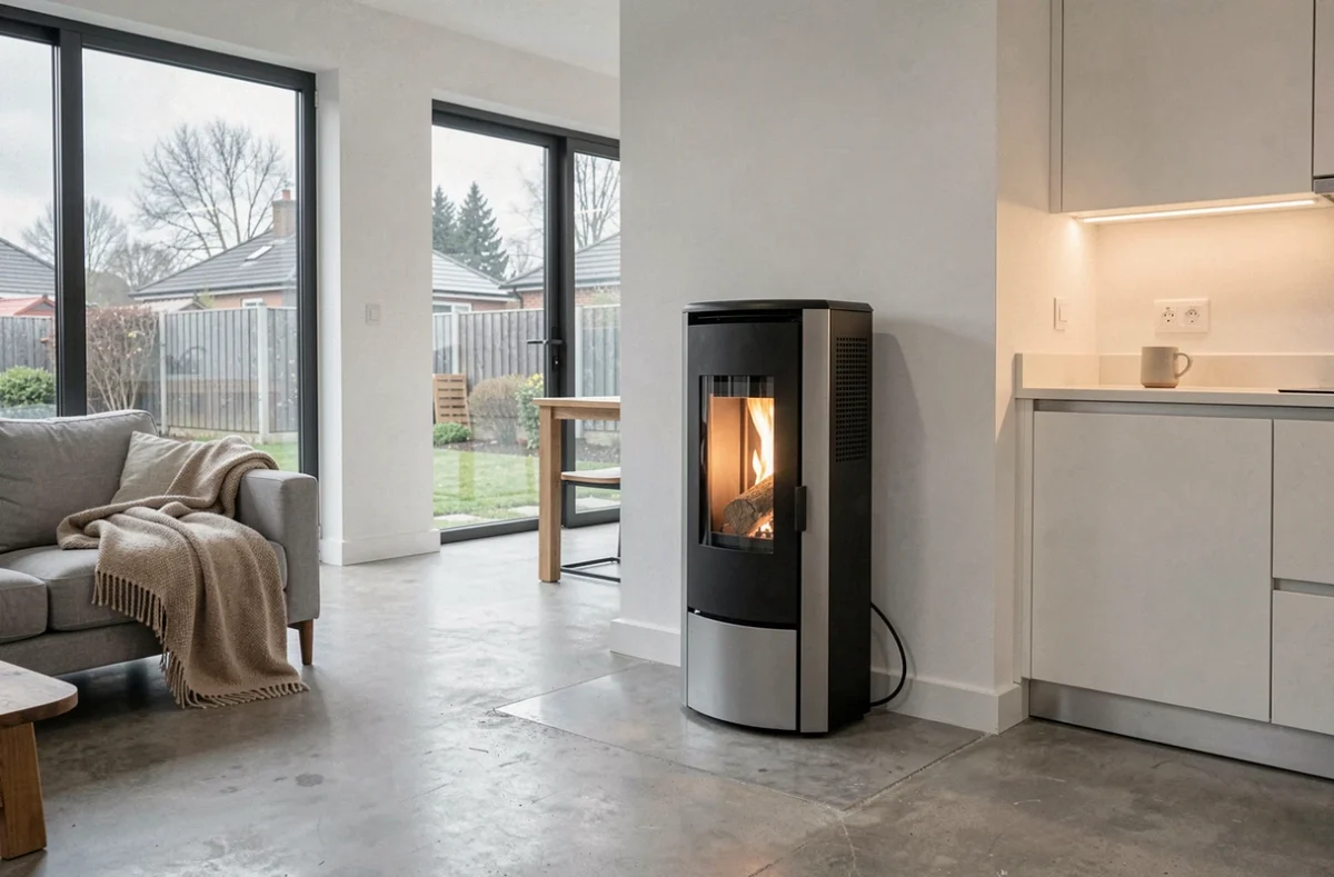 Poêle à granulés design dans un salon contemporain minimaliste avec sol en béton ciré, solution de chauffage économique et moderne