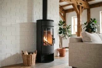 Poêle à granulés écologique en fonte noire dans un salon chaleureux avec mur en brique blanche et panier de granulés de bois
