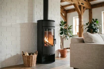 Poêle à granulés écologique en fonte noire dans un salon chaleureux avec mur en brique blanche et panier de granulés de bois