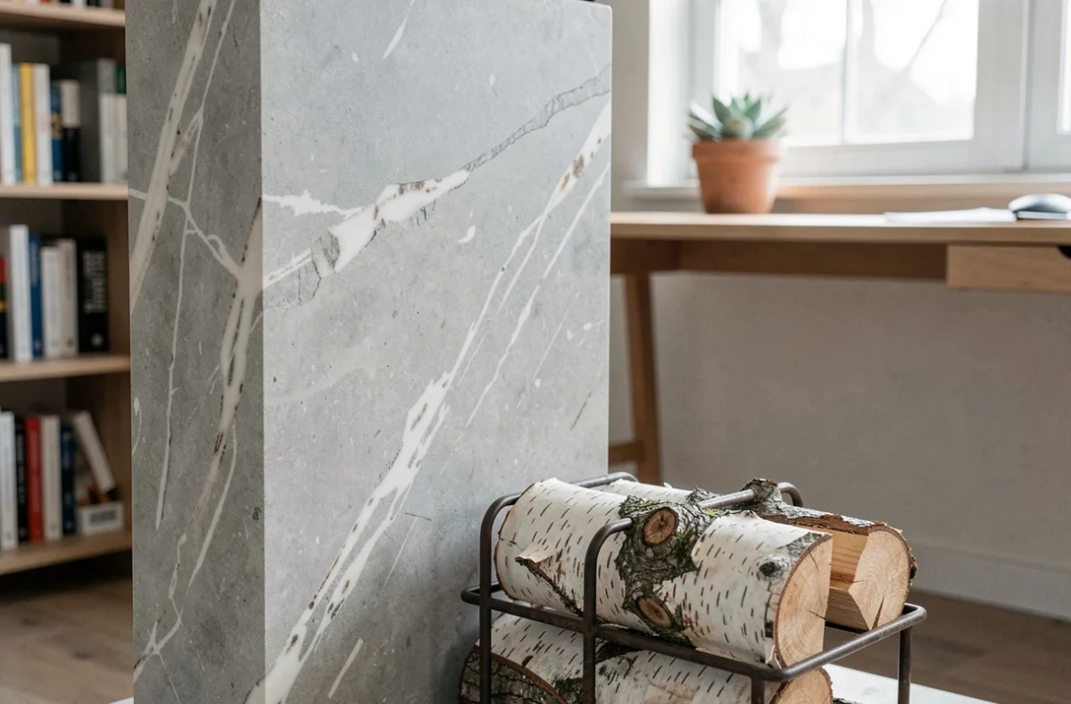 Détail d'un poêle en stéatite dans un bureau scandinave minimaliste avec bûches de bouleau durable et plante verte