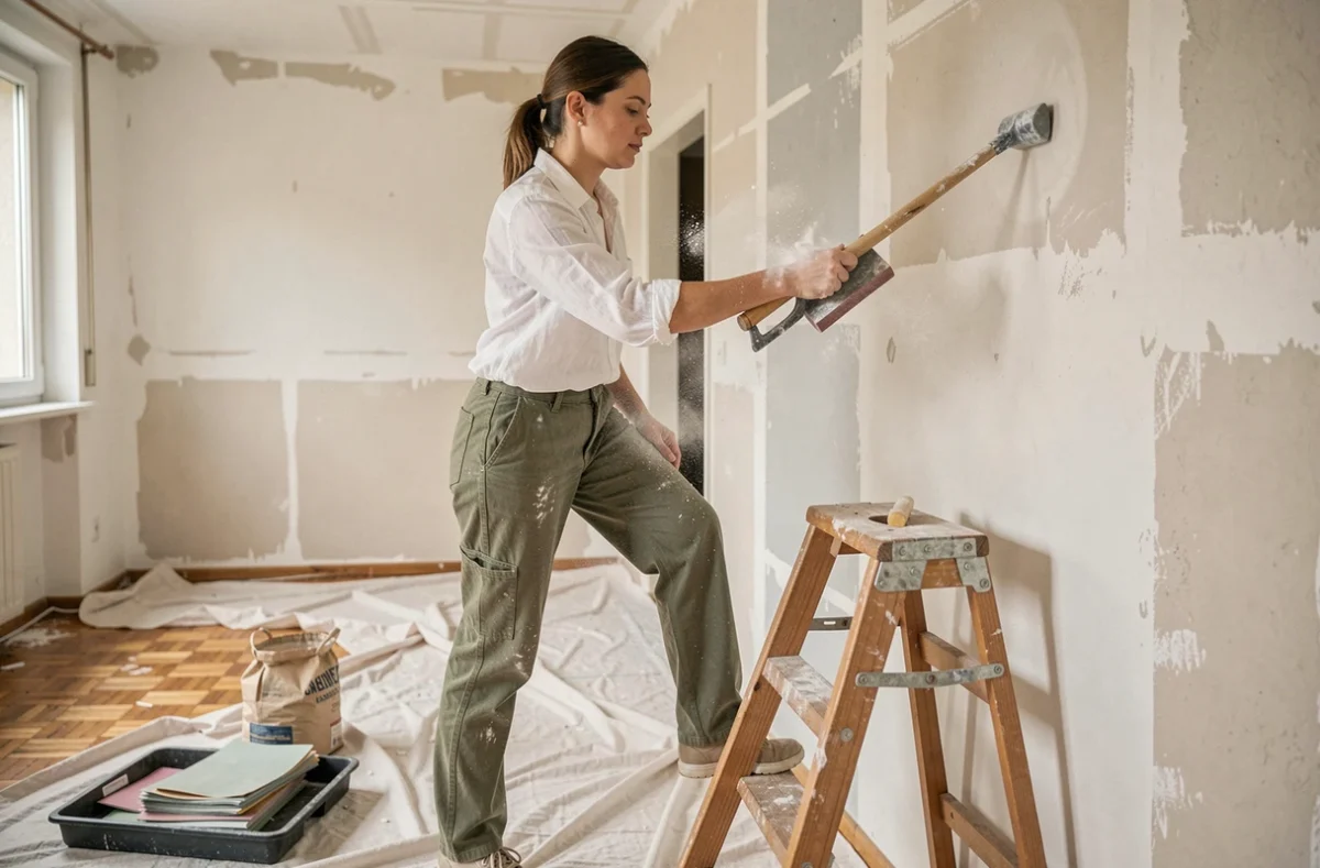 Femme ponçant un mur réparé à l'enduit dans un appartement en rénovation, debout sur un escabeau avec un bloc de ponçage