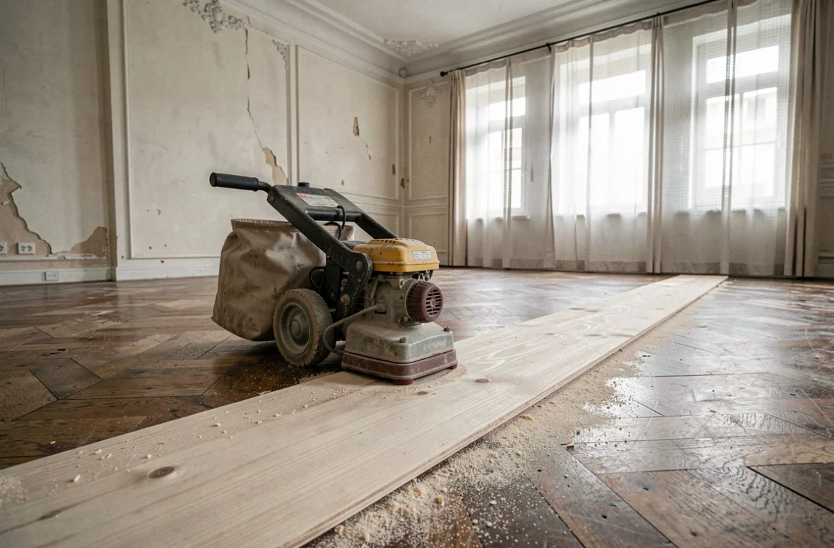 Ponceuse à bande en action sur un vieux parquet révélant le bois brut sous le vernis usé dans une pièce rénovée