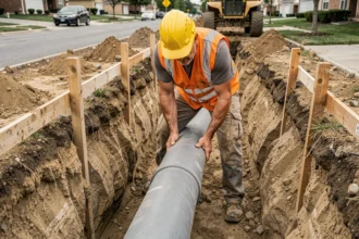 Ouvrier posant une canalisation PVC dans une tranchée lors de travaux de voirie en milieu urbain
