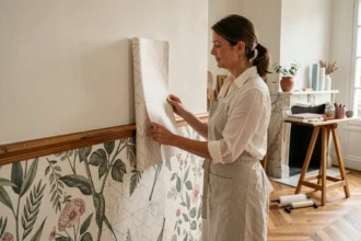 Femme posant deux types de papier peint dans un salon parisien avec une séparation en baguette de bois