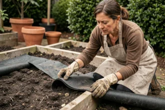 Femme posant un géotextile tissé sur un parterre de jardin pour empêcher la pousse des mauvaises herbes