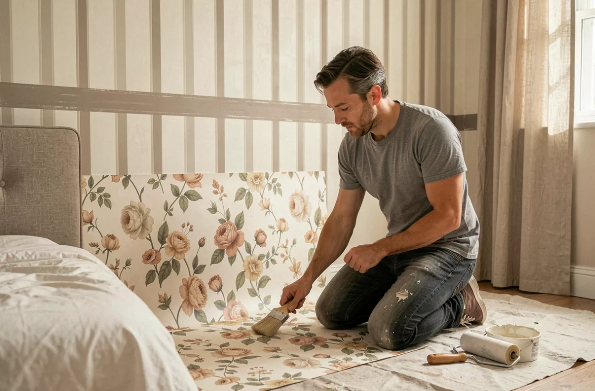 Homme appliquant un papier peint fleuri dans une chambre avec un papier à rayures sur la partie haute du mur