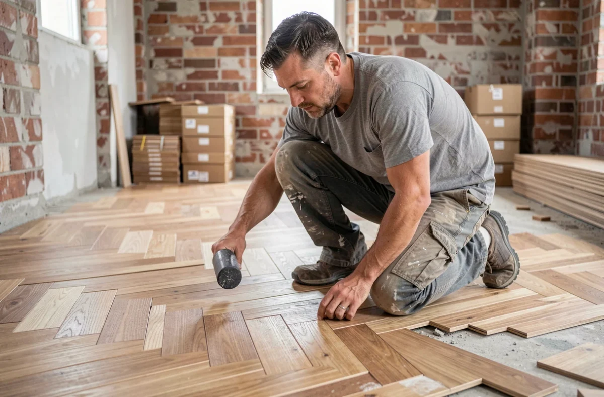 Artisan posant un parquet à fines lames en point de Hongrie dans un appartement en rénovation, illustrant la pose de lames étroites de 70 mm