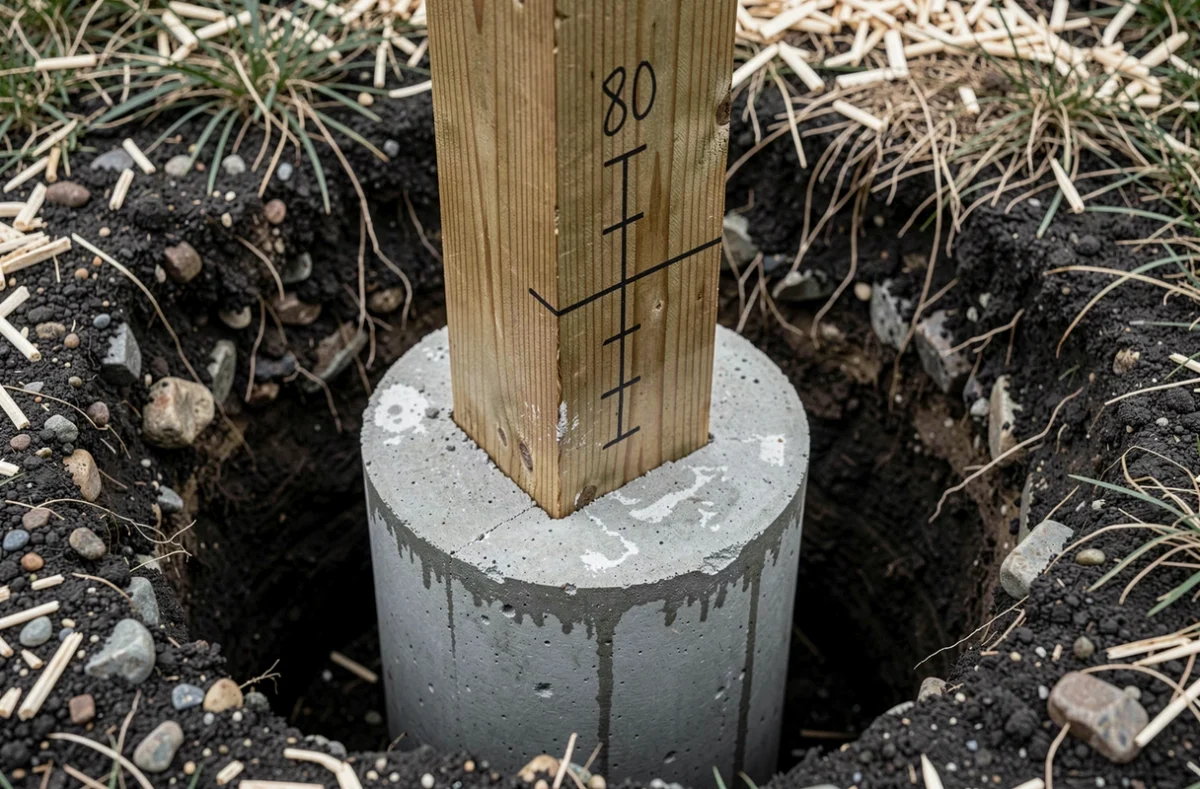 Gros plan d'un poteau de pergola enterré dans du béton avec repère de profondeur visible sur le bois