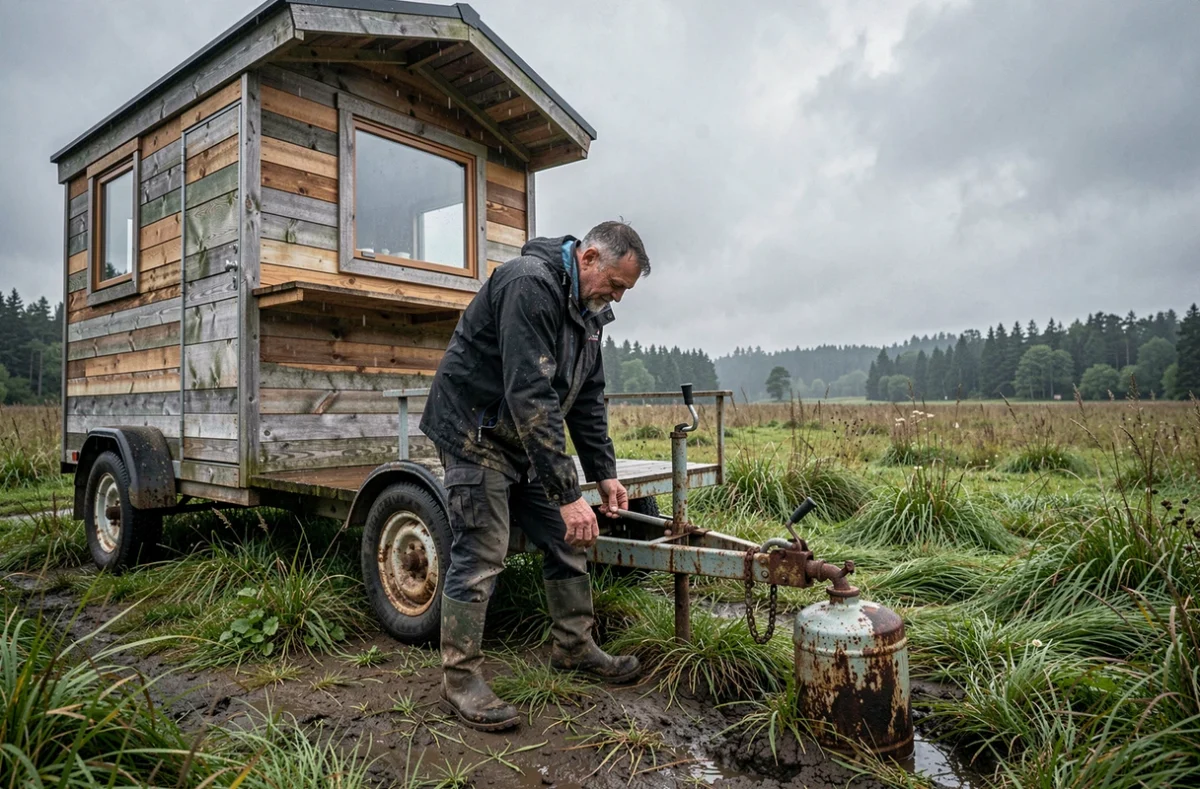 Homme inspectant les problèmes techniques d'une tiny house sur roues posée sur un terrain isolé sous un ciel nuageux