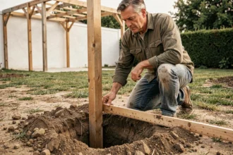 Homme mesurant la profondeur d'un trou pour enterrer un poteau de pergola dans un jardin