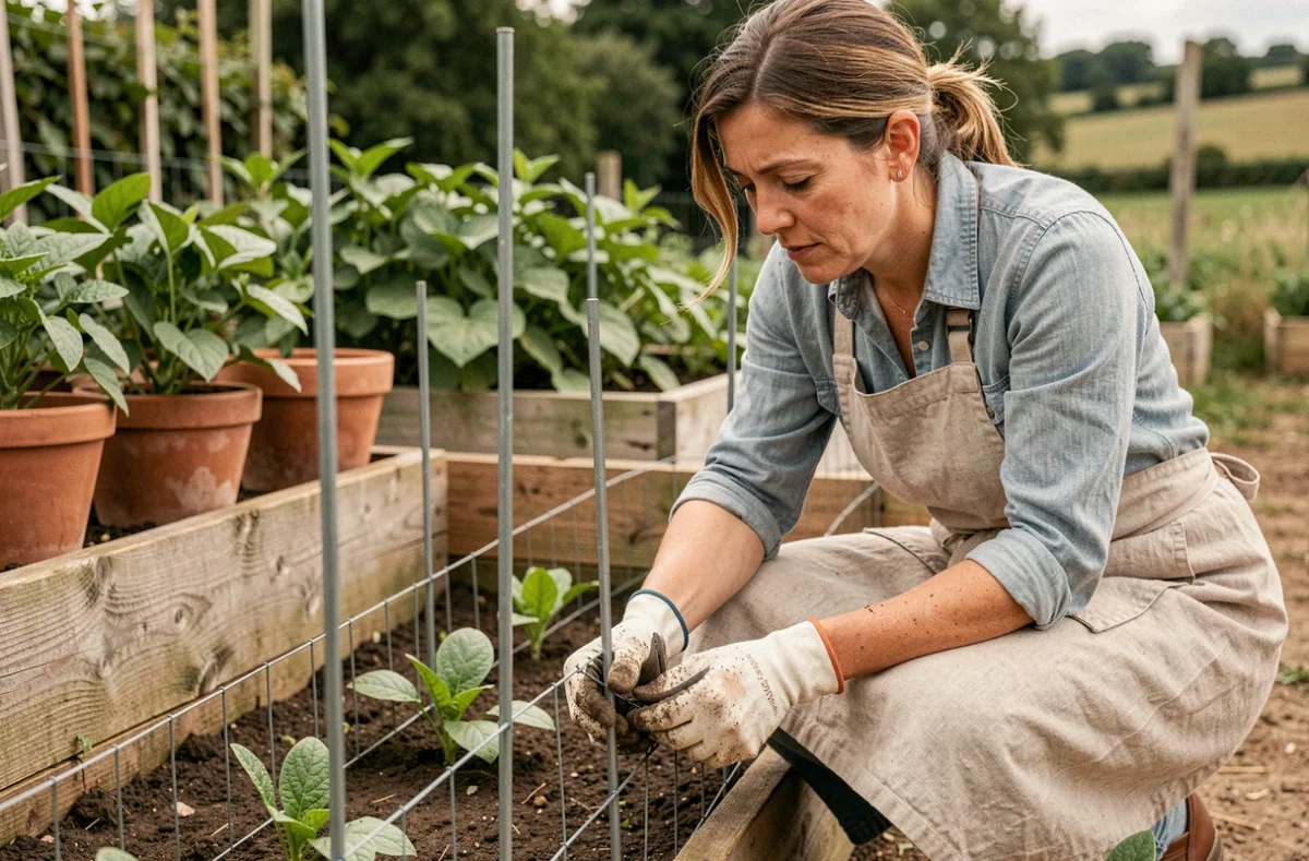 Femme installant une clôture grillagée protectrice autour de plants de légumes pour éloigner les chevreuils