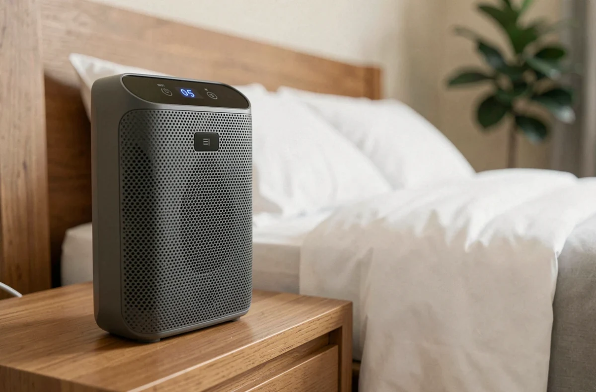 Purificateur d'air HEPA posé sur une table de chevet dans une chambre à coucher pour améliorer la qualité de l'air intérieur
