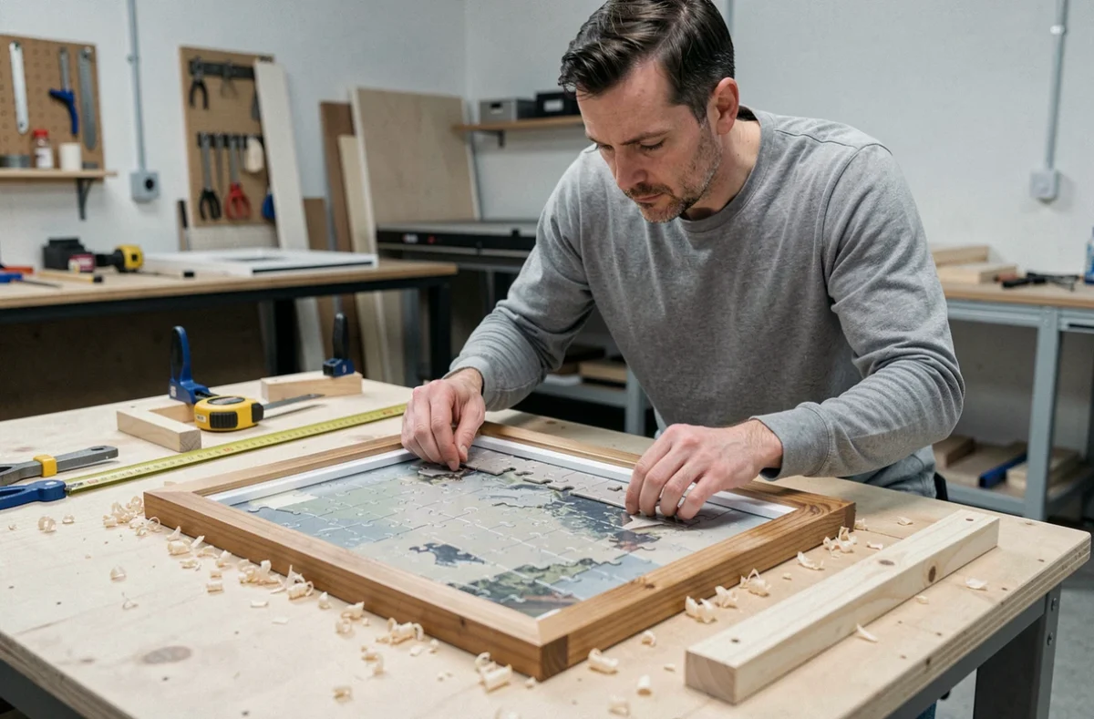 Homme insérant un puzzle collé dans un cadre en bois sur un établi d'atelier de bricolage