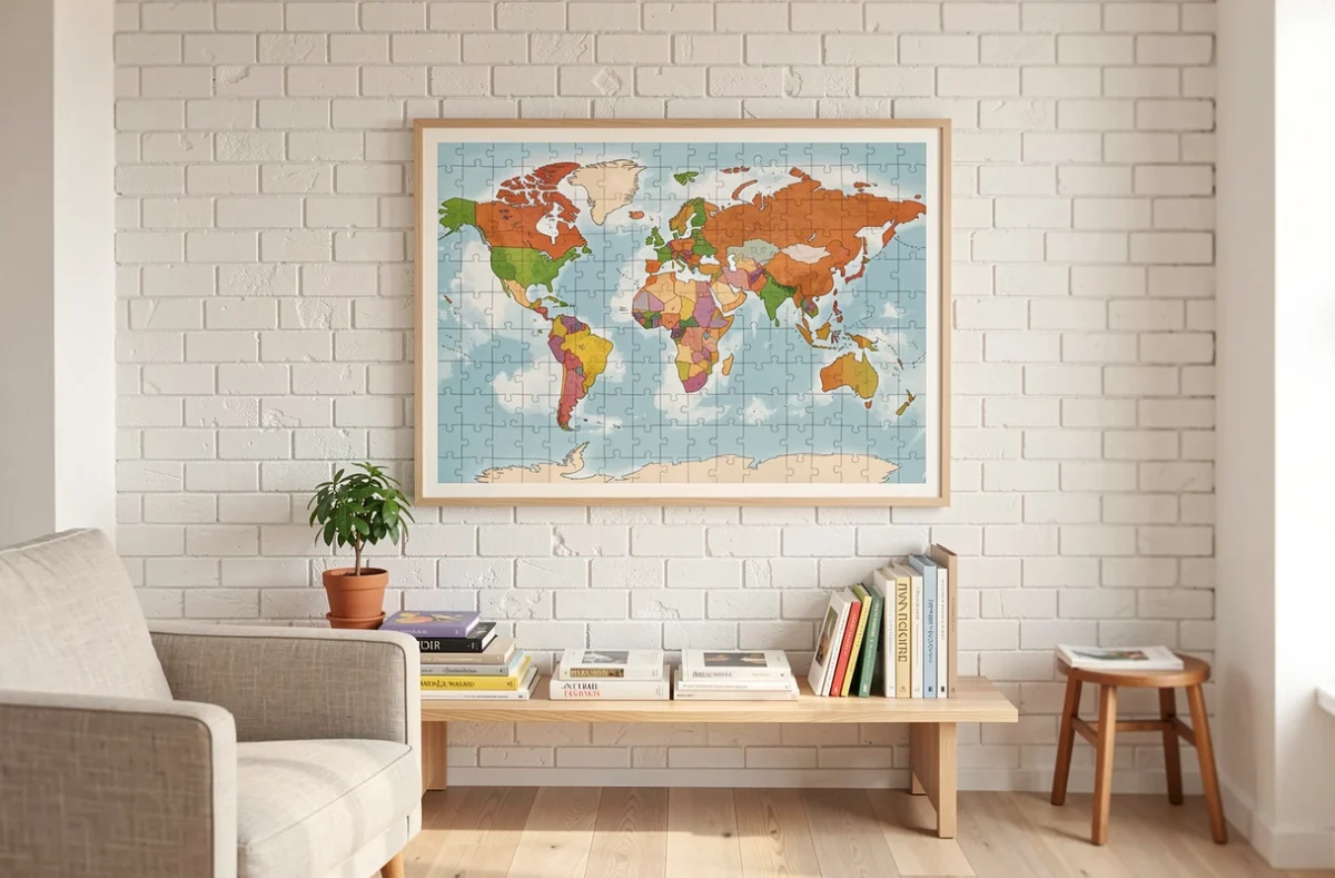 Puzzle de carte du monde encadré et accroché au mur dans un salon au style scandinave épuré