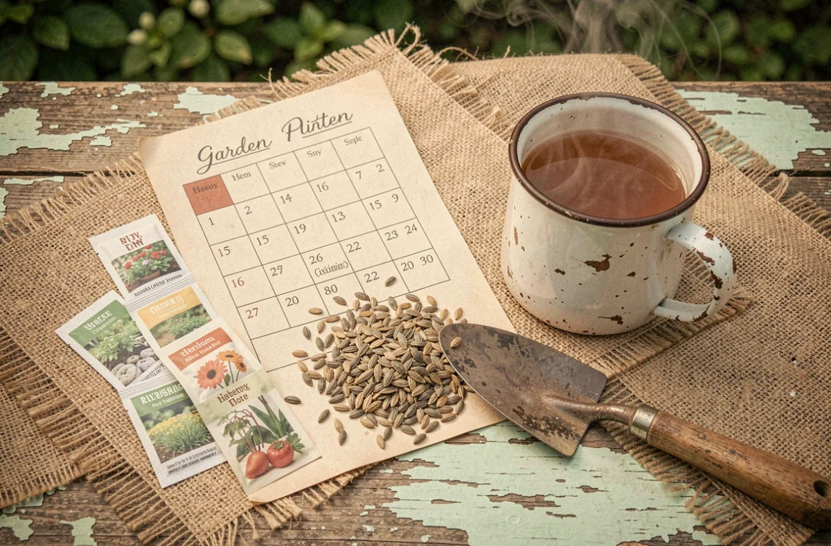 Calendrier de plantation potager avec graines et outils de jardinage disposés sur une table en bois