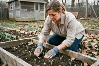 Femme en train de planter des semis dans un potager au printemps, mains dans la terre fraîche