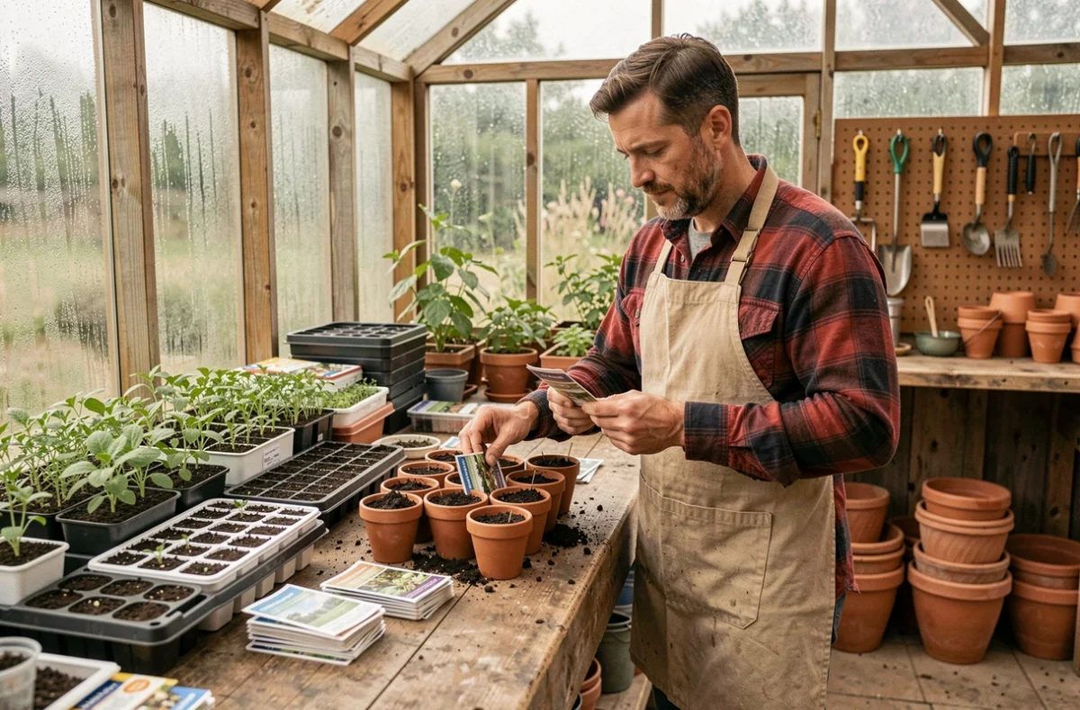 Homme organisant des sachets de graines et des pots dans une serre de jardin potager