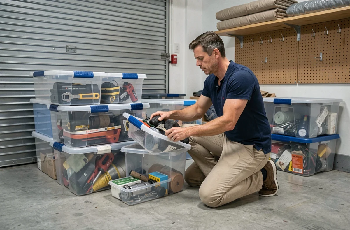 Homme rangeant des bacs en plastique transparents dans un garde-meuble bien organisé avec des outils et des affaires ménagères