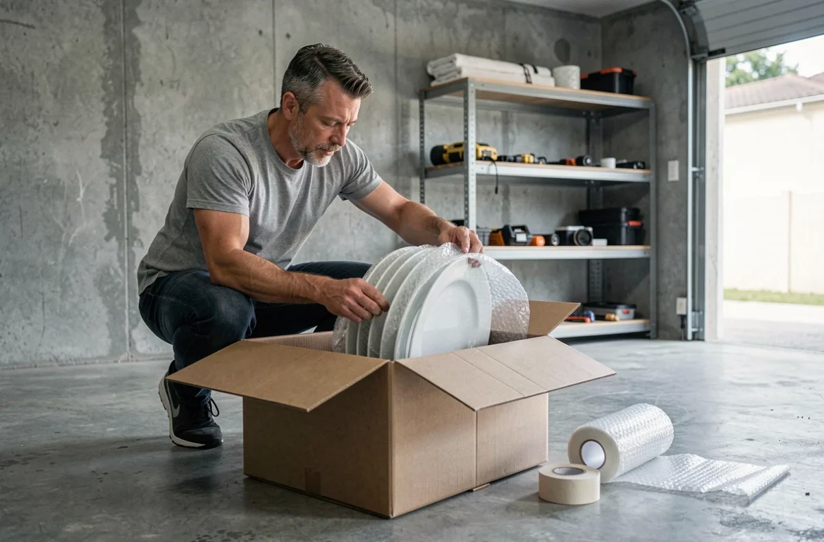 Homme rangeant des assiettes emballées dans du papier bulle dans un carton de déménagement dans un garage