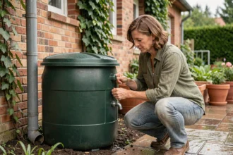 Femme récupérant l'eau de pluie dans un tonneau de jardin connecté à une gouttière