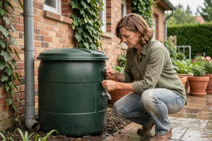 Femme récupérant l'eau de pluie dans un tonneau de jardin connecté à une gouttière