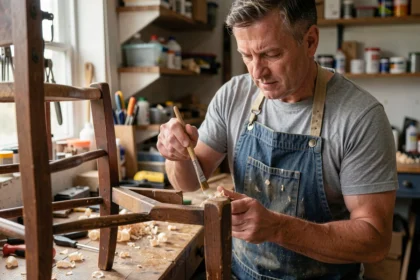 Homme réparant une chaise en bois en appliquant de la colle sur un assemblage desserré dans un atelier de bricolage