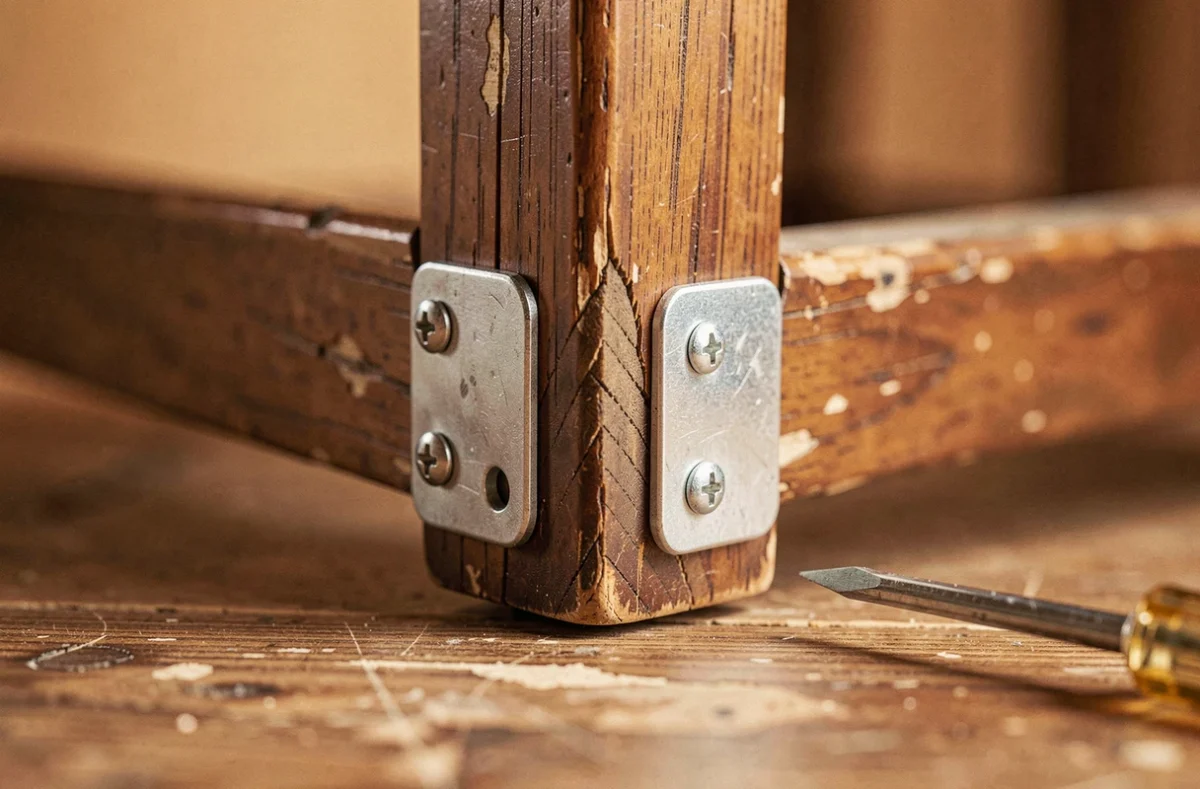 Gros plan sur une équerre métallique vissée dans l'angle d'une chaise en bois usée pour renforcer sa structure