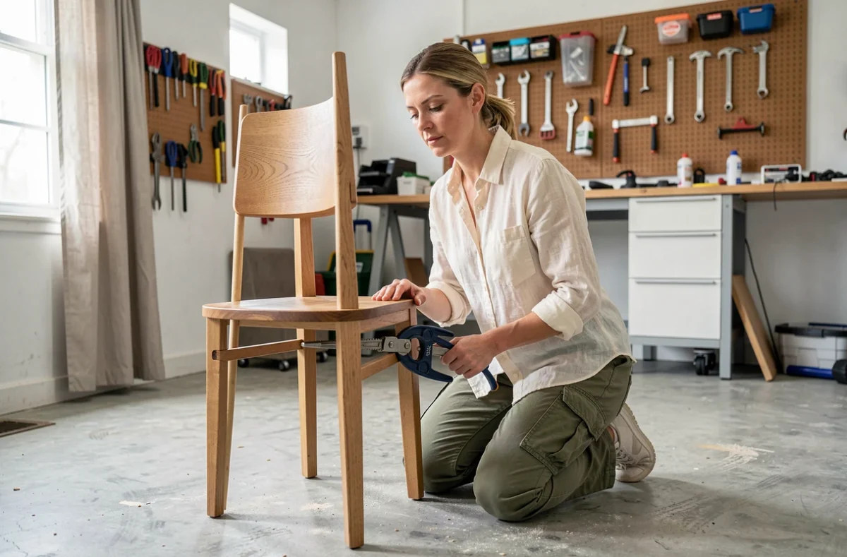Femme serrant un serre-joint sur une chaise en bois pour renforcer un pied décollé dans un garage
