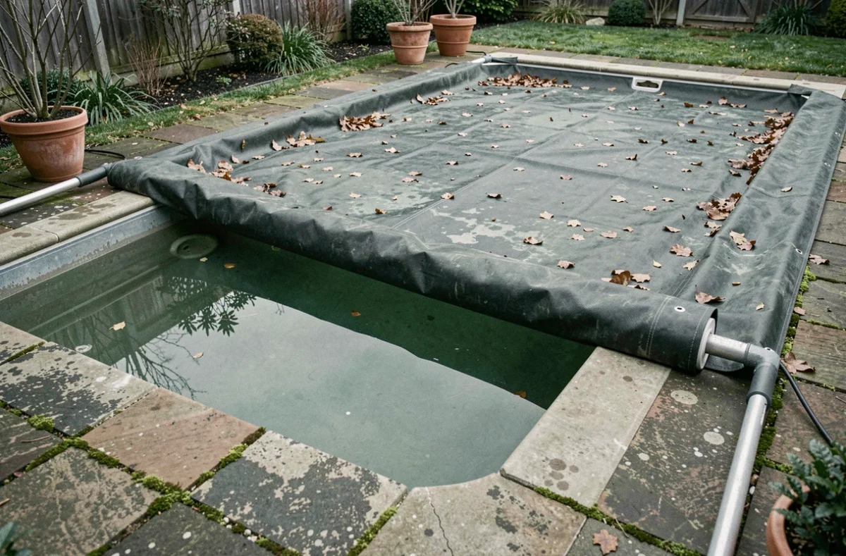 Piscine avec couverture hivernale partiellement retirée au printemps révélant l'eau sous la bâche