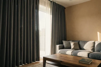 Rideaux occultants gris fermés dans un salon moderne pour bloquer la chaleur estivale