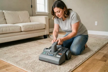 Femme utilisant une machine Rug Doctor sur un tapis berbère beige dans un salon moderne