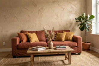 Salon chaleureux décoré en teintes terracotta et ocre avec canapé en lin rouille et tapis jute naturel