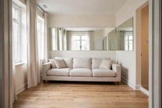 Salon étroit aménagé avec un grand miroir horizontal et un canapé bas pour agrandir visuellement l'espace