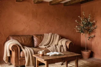 Salon chaleureux aux murs terracotta avec canapé en cuir et poutres en bois apparentes pour une ambiance chaleureuse